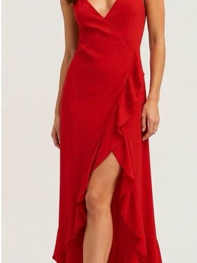 Privacy Please Red Ruffle Wrap Maxi Dress Size Small